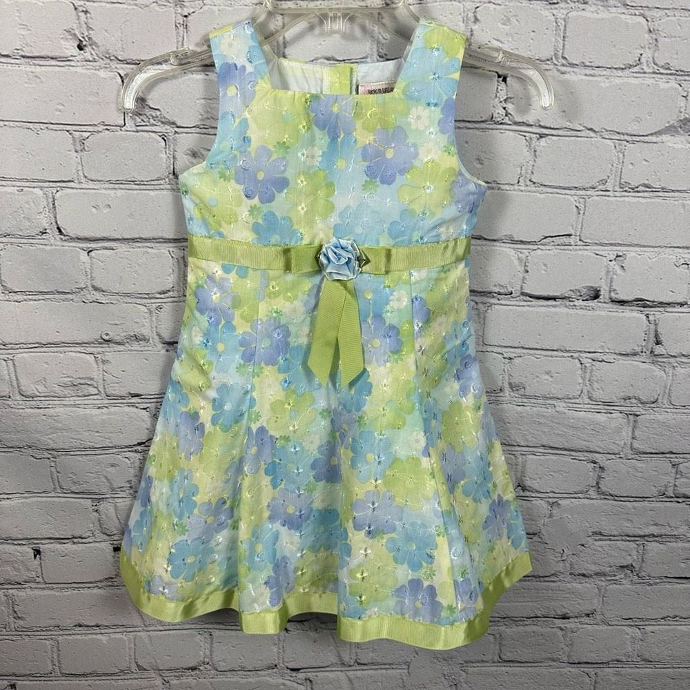 Youngland Girls Floral Dress Sleeveless Eyelet Ribbon Tie Lined Green & Aqua 4T